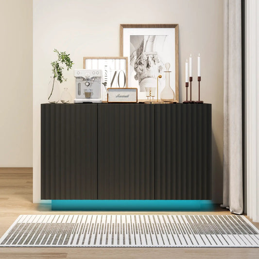 LED Carved 3 Door Cabinet with Adjustable Shelves in black ribbed finish on Tampa Home & Garden Store