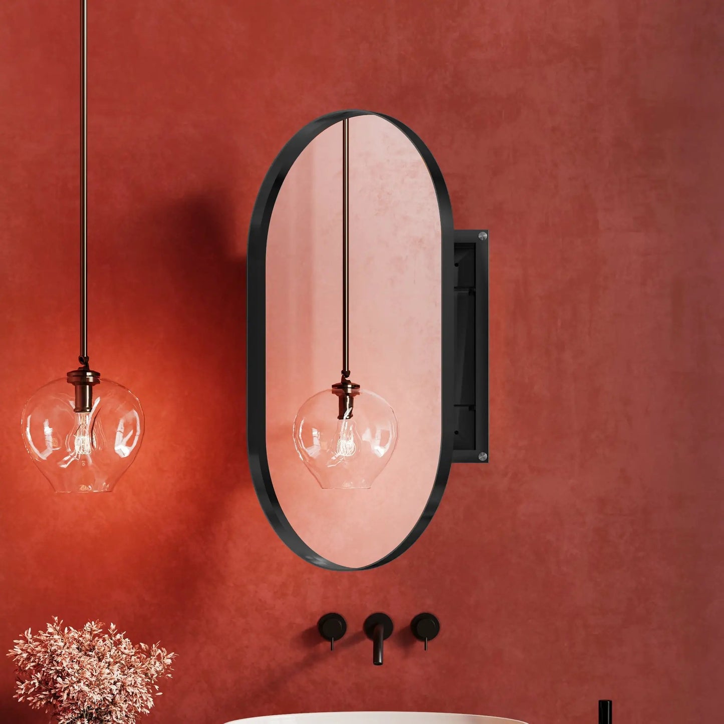 Oval 20x34 inch medicine cabinet in matte black with mirrored door wall mount on Tampa Home & Garden Store