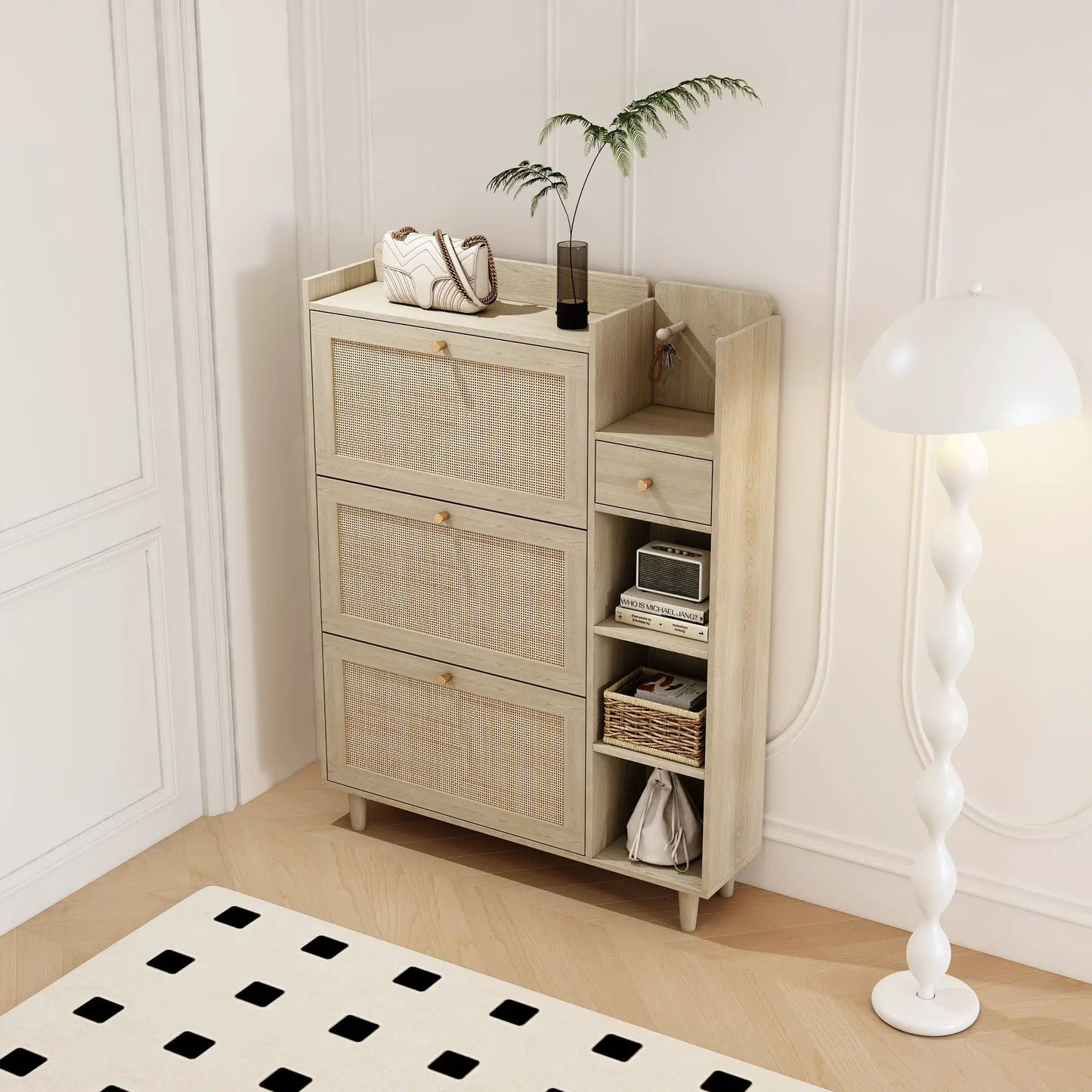 Natural Bohemian shoe cabinet with woven rattan fronts and light wood finish on Tampa Home & Garden Store