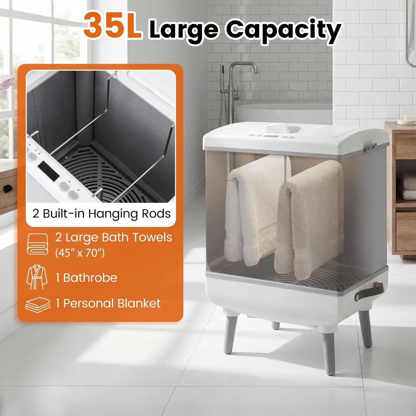 35L Large Towel Warmer DirectDeals white unit with 2 built-in hanging rods for warm, dry towels on Tampa Home & Garden Store
