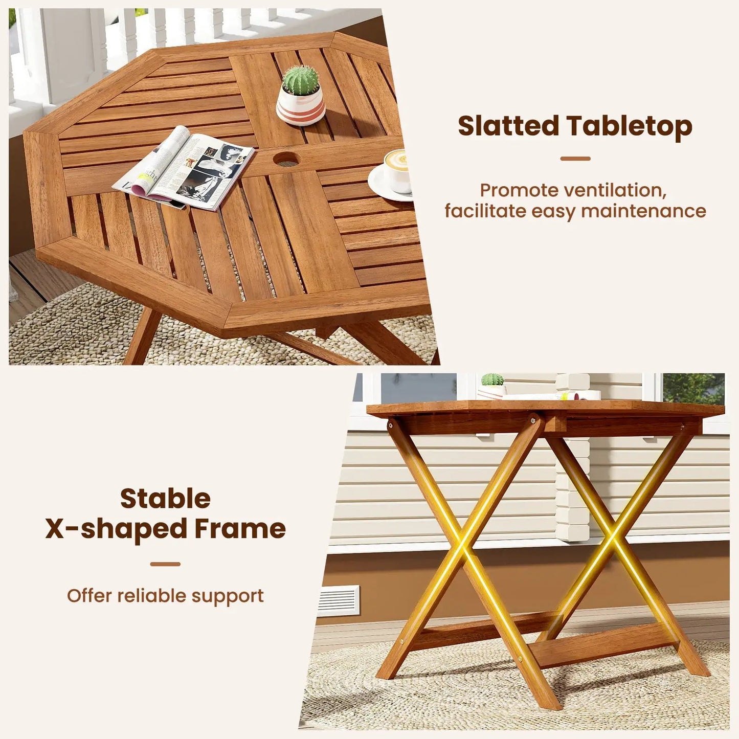 Solid wood octagon patio table with umbrella hole, warm brown slatted top DirectDeals on Tampa Home & Garden Store