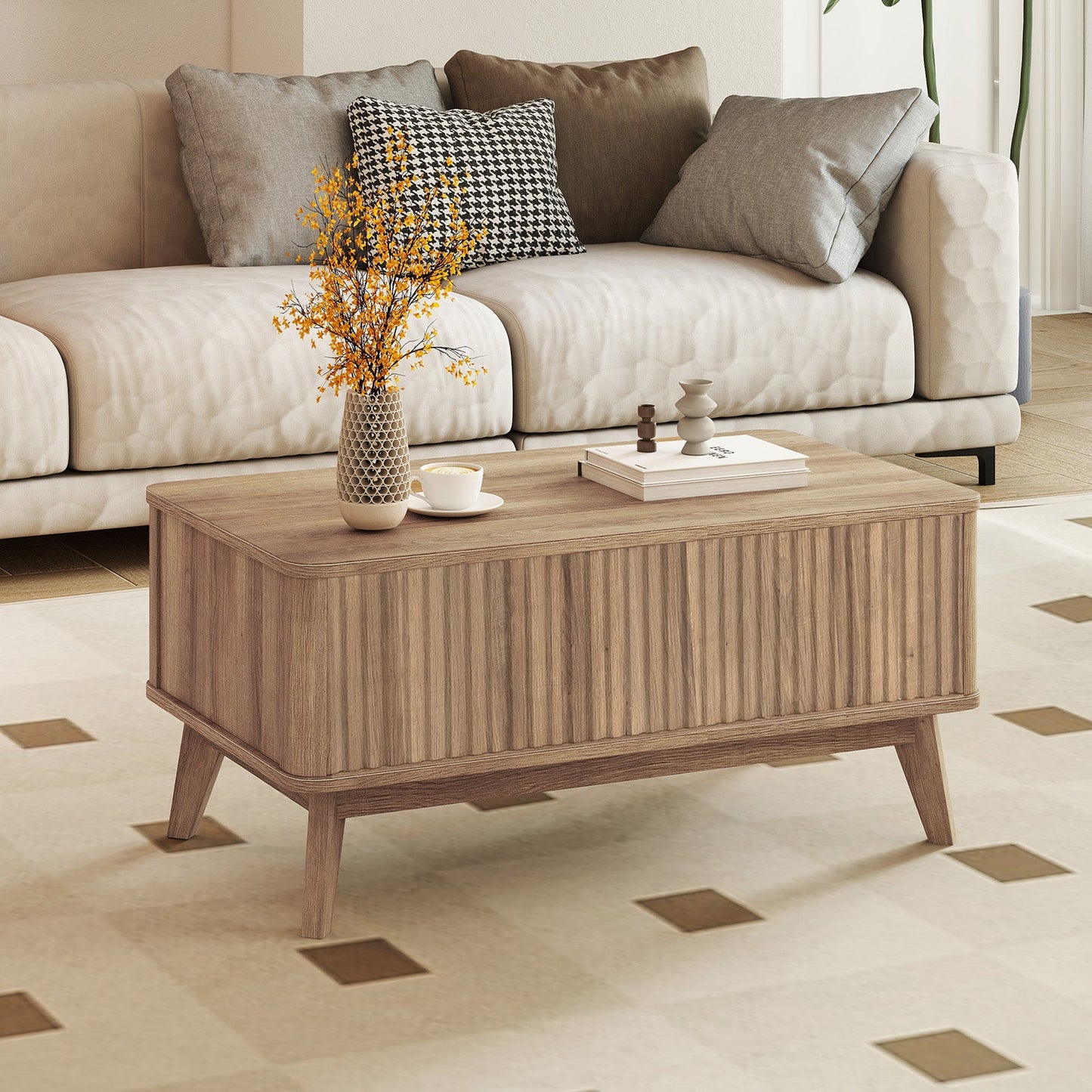 Walnut lift-top coffee table with storage, fluted front, mid-century legs in living room on Tampa Home & Garden Store