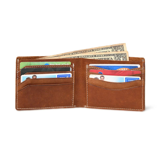 Slim Bi-Fold Full-Grain Buffalo Leather Wallet in brown with multiple card slots and cash pockets on Tampa Home & Garden Store