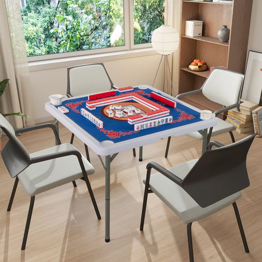 35 Inch 4 Player Game Card Folding Mahjong Table with Cup Holders-Blue - Tampa Home & Garden Store