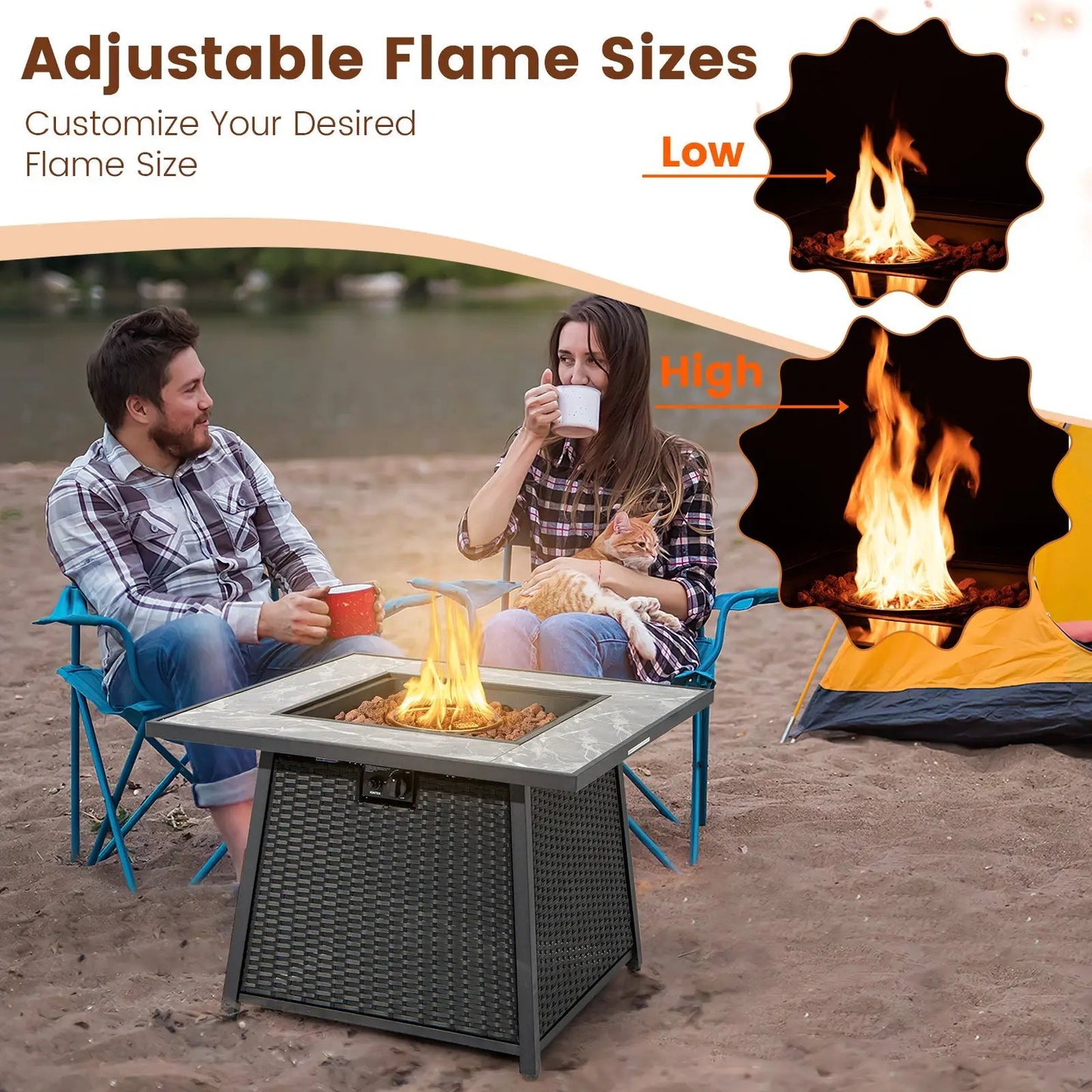 35 Inch Propane Gas Fire Pit Table Wicker Rattan with Lava Rocks PVC Cover-Black - Tampa Home & Garden Store