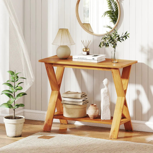 Solid teak wood console table 35 inch with storage shelf by DirectDeals on Tampa Home & Garden Store