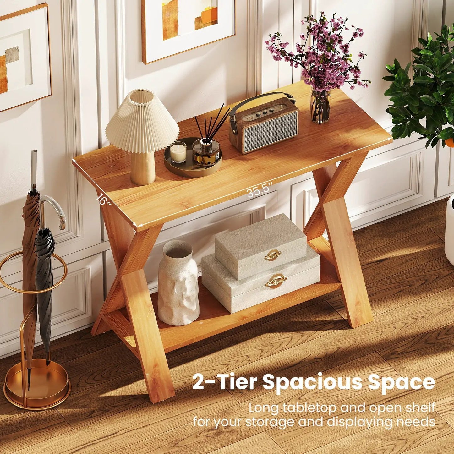 Solid teak wood console table with storage shelf in natural finish, 2-tier design on Tampa Home & Garden Store