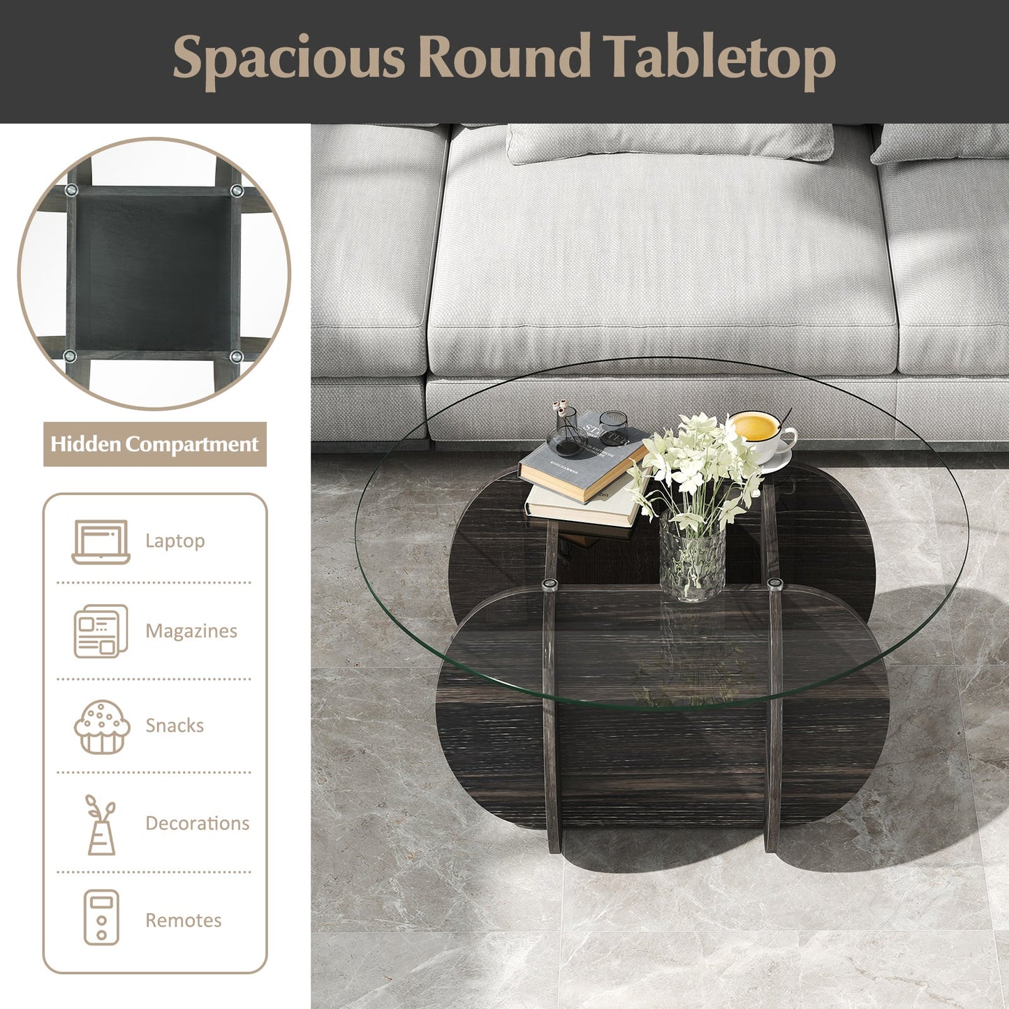 35-Inch round tempered-glass coffee table with dark wood base DirectDeals on Tampa Home & Garden Store