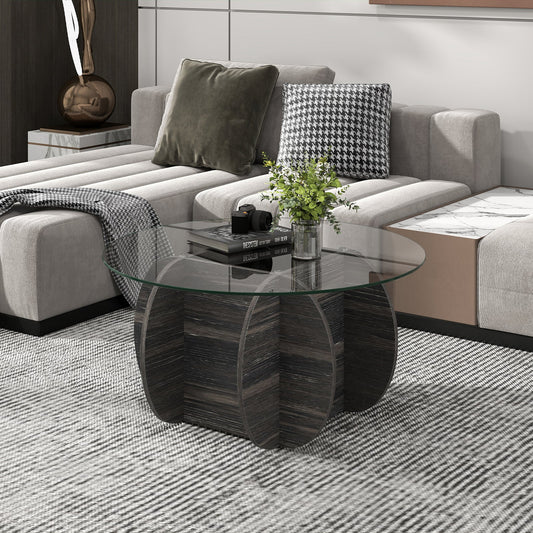 35" Round Coffee Table Unique Circle Center Table with Tempered Glass Top and Solid Wood Base-Black - Tampa Home & Garden Store