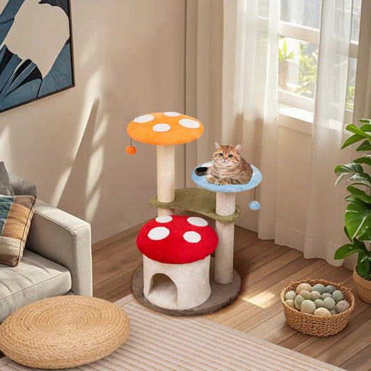 Tall Cat Tower with Sisal Posts and Cat Condo by DirectDeals; colorful mushroom platforms with a cat on the blue perch on Tampa Home & Garden Store