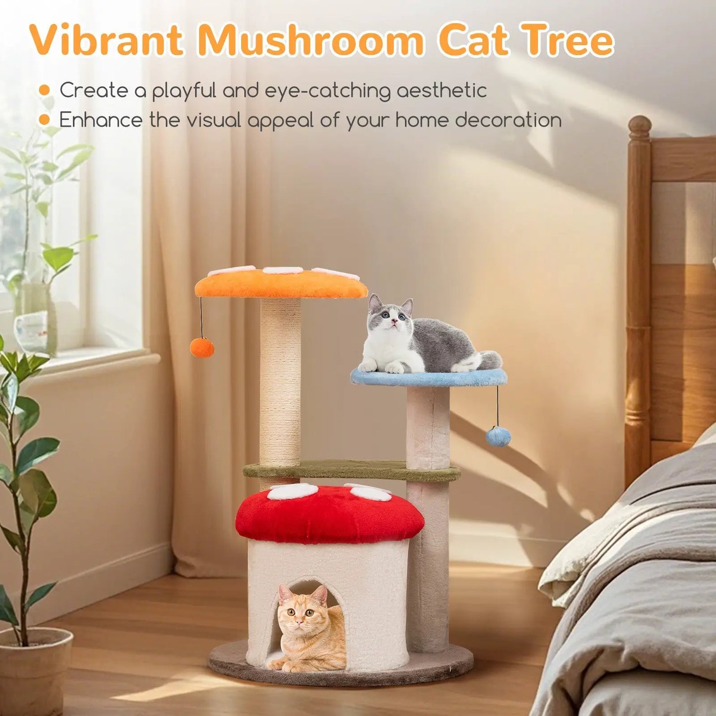 Tall mushroom-style cat tree with sisal posts and plush orange, blue, red platforms; 2 cats on Tampa Home & Garden Store