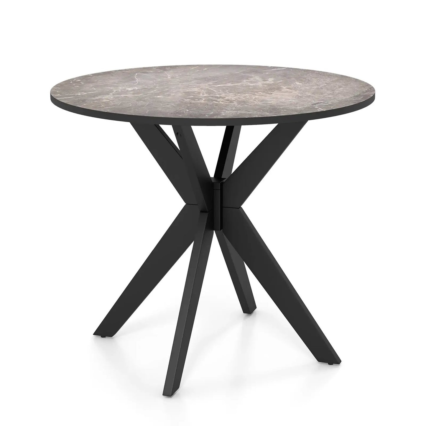 Round marble-top table with black angular pedestal legs, 36-inch mid-century modern on Tampa Home & Garden Store