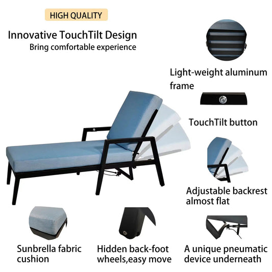 3pc outdoor aluminum lounge set with blue cushions and adjustable backrest on Tampa Home & Garden Store