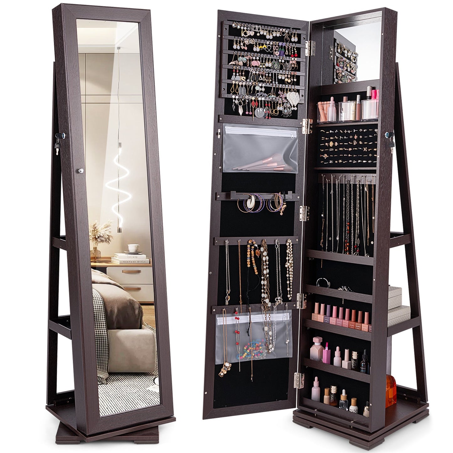 360° Rotatable 2-in-1 Lockable Jewelry Cabinet with Full-Length Mirror-Brown