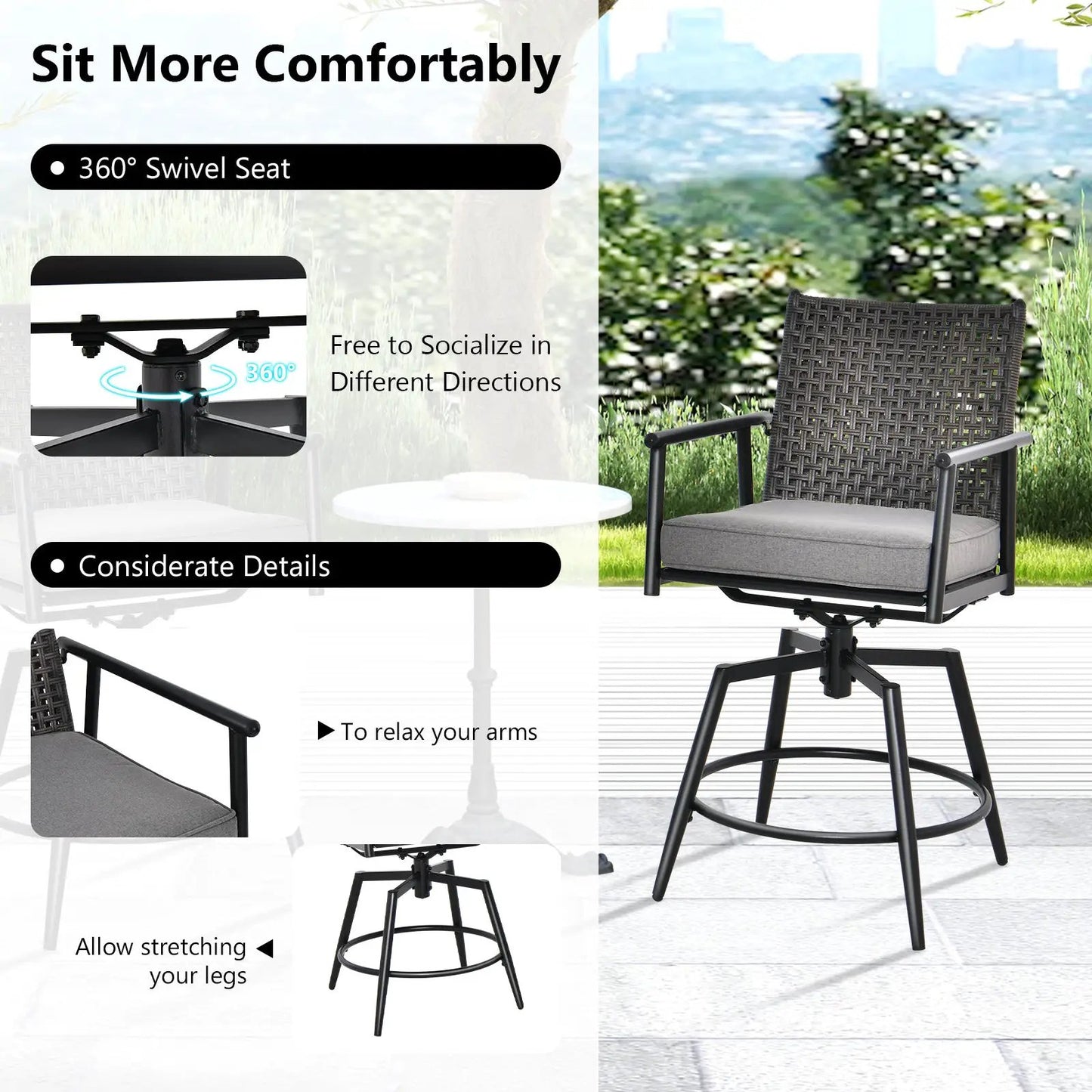 360 Degree swivel bar stool set of 2 with black metal frame and woven PE rattan backrest on Tampa Home & Garden Store
