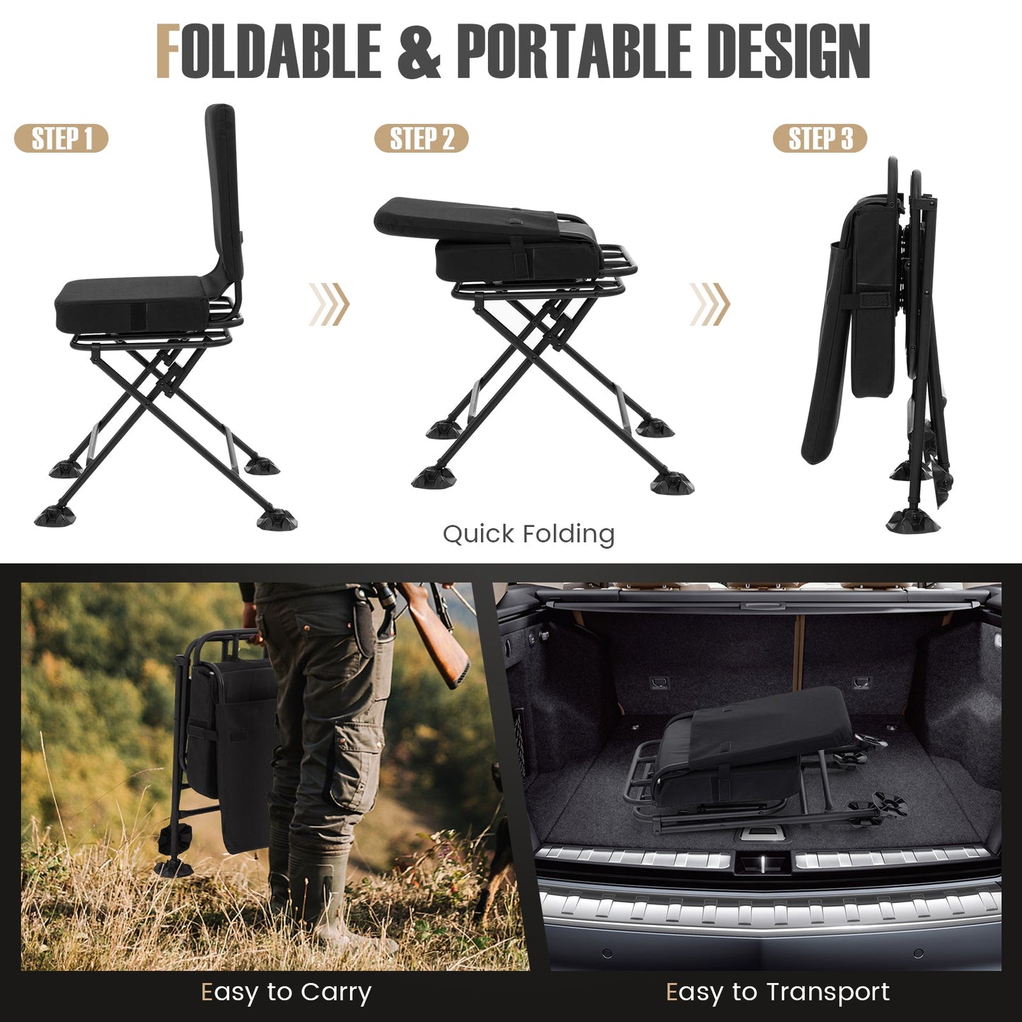 GemGear swivel folding camp chair with backrest and padded cushion in black, quick folding on Tampa Home & Garden Store