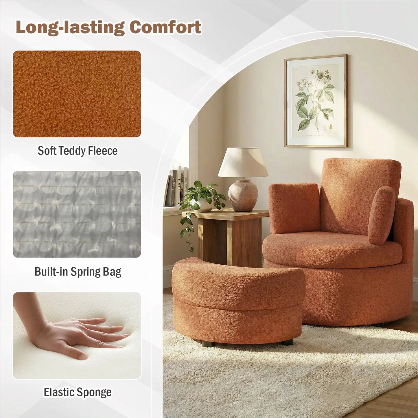 DirectDeals 360 Degree Swivel Accent Chair with Ottoman in Soft Teddy Fleece terracotta on Tampa Home & Garden Store