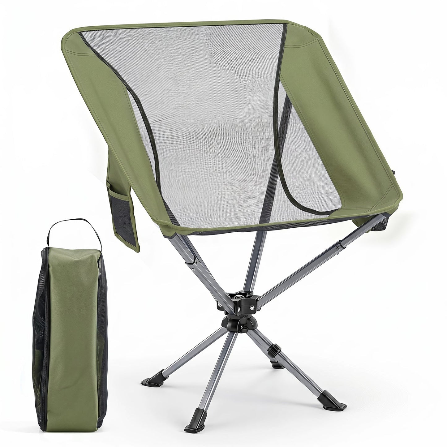 Camping Chair GemGear 360° Swivel with Cup Holder olive green, 330 lb capacity on Tampa Home & Garden Store