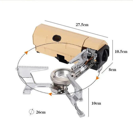 Folding Card Stove for camping with tan cover and silver burner, fold-out legs, 27.5 cm long on Tampa Home & Garden Store