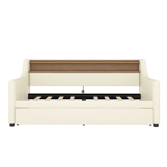 Twin size daybed with white upholstered frame, wood top rail and nailhead trim on Tampa Home & Garden Store