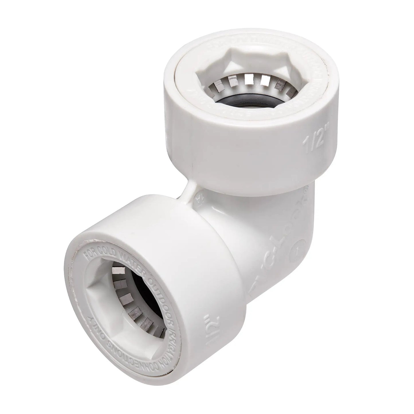 1/2 in PVC-Lock elbow fitting by Orbit Irrigation, white plastic pipe connector on Tampa Home & Garden Store