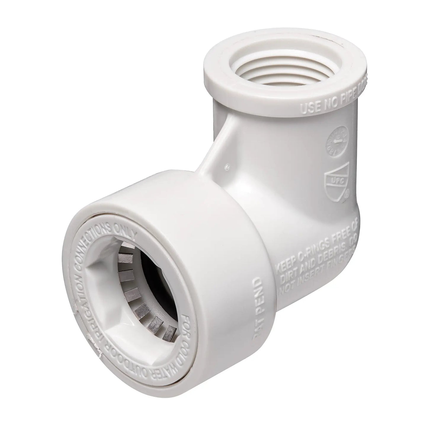 1/2 in PVC Lock to 1/2 in FPT Elbow by Orbit Irrigation, white PVC connector on Tampa Home & Garden Store