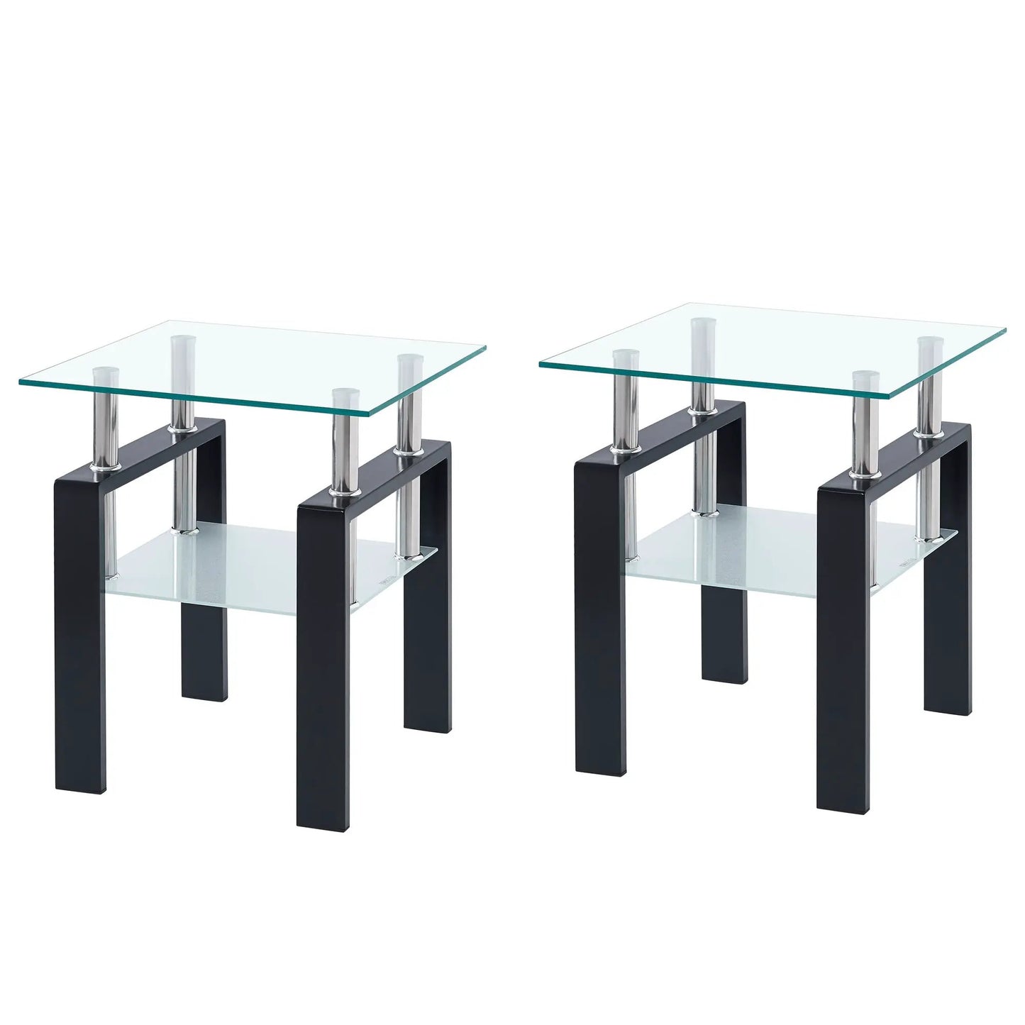 Tempered glass end table with storage, pair featuring clear top, lower glass shelf black legs on Tampa Home & Garden Store