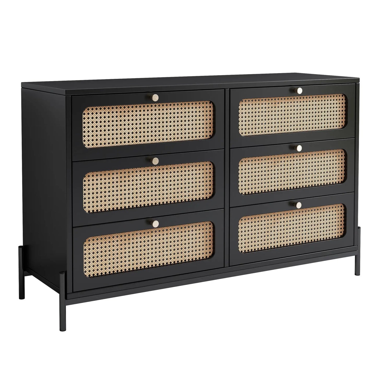 Modern 6-drawer dresser in black with cane-woven front panels and brass knobs on Tampa Home & Garden Store