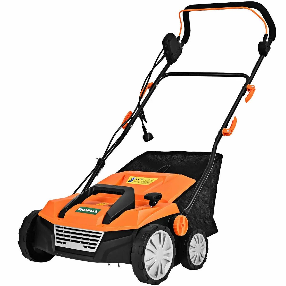 15 Inch electric scarifier with collection bag, orange and black IronMax dethatcher on Tampa Home & Garden Store