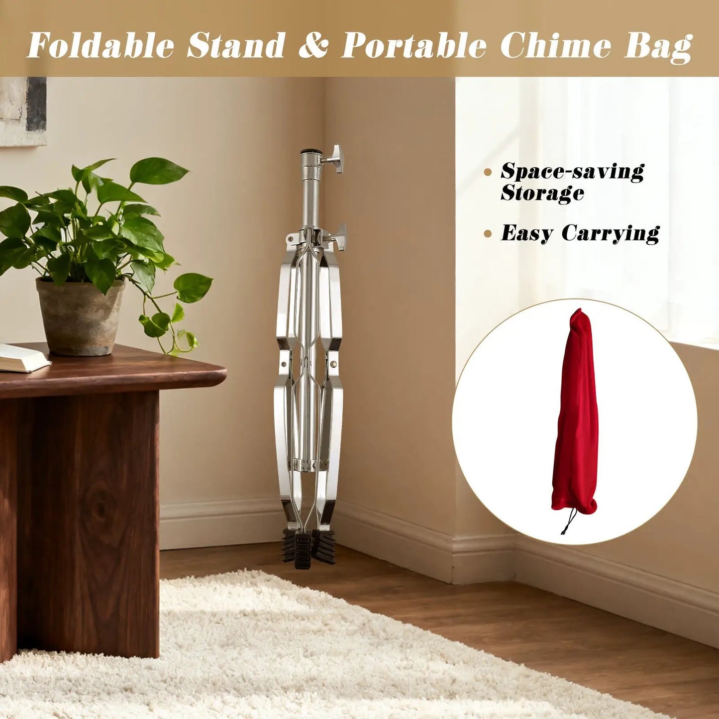 36-bar single-row chimes percussion instrument on foldable metal stand, silver finish on Tampa Home & Garden Store
