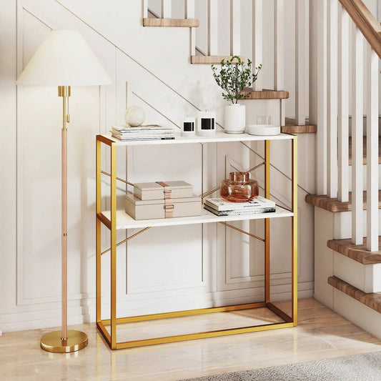 36-Inch console table with two-tier open shelves, white top and gold frame, decor items on Tampa Home & Garden Store