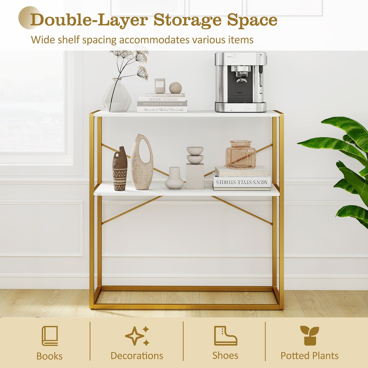 36-Inch Console Table with Two-Tier Open Shelves in white and gold frame, entryway decor on Tampa Home & Garden Store