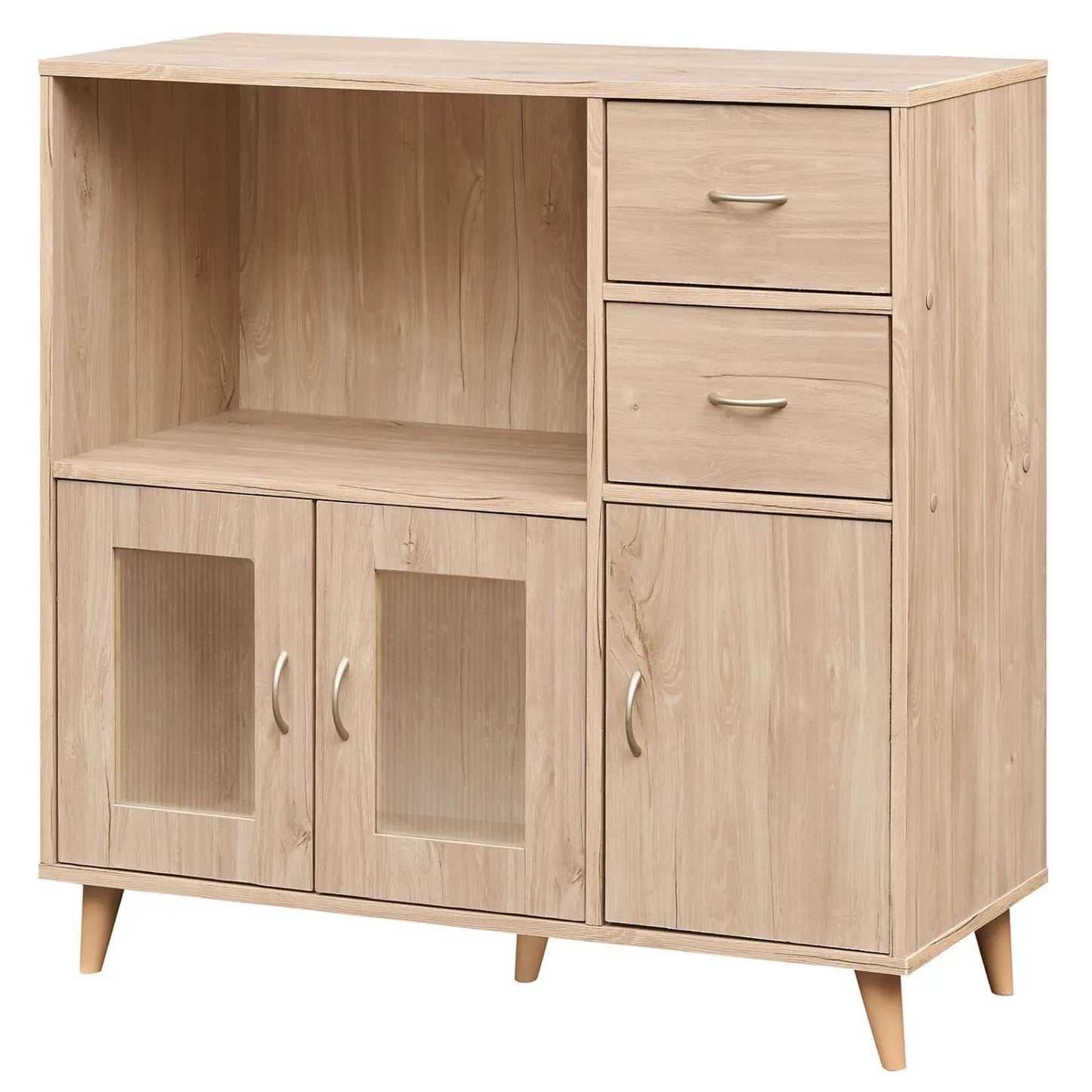 36 Inch oak sideboard with open shelf and glass doors, right drawers above cabinet on Tampa Home & Garden Store