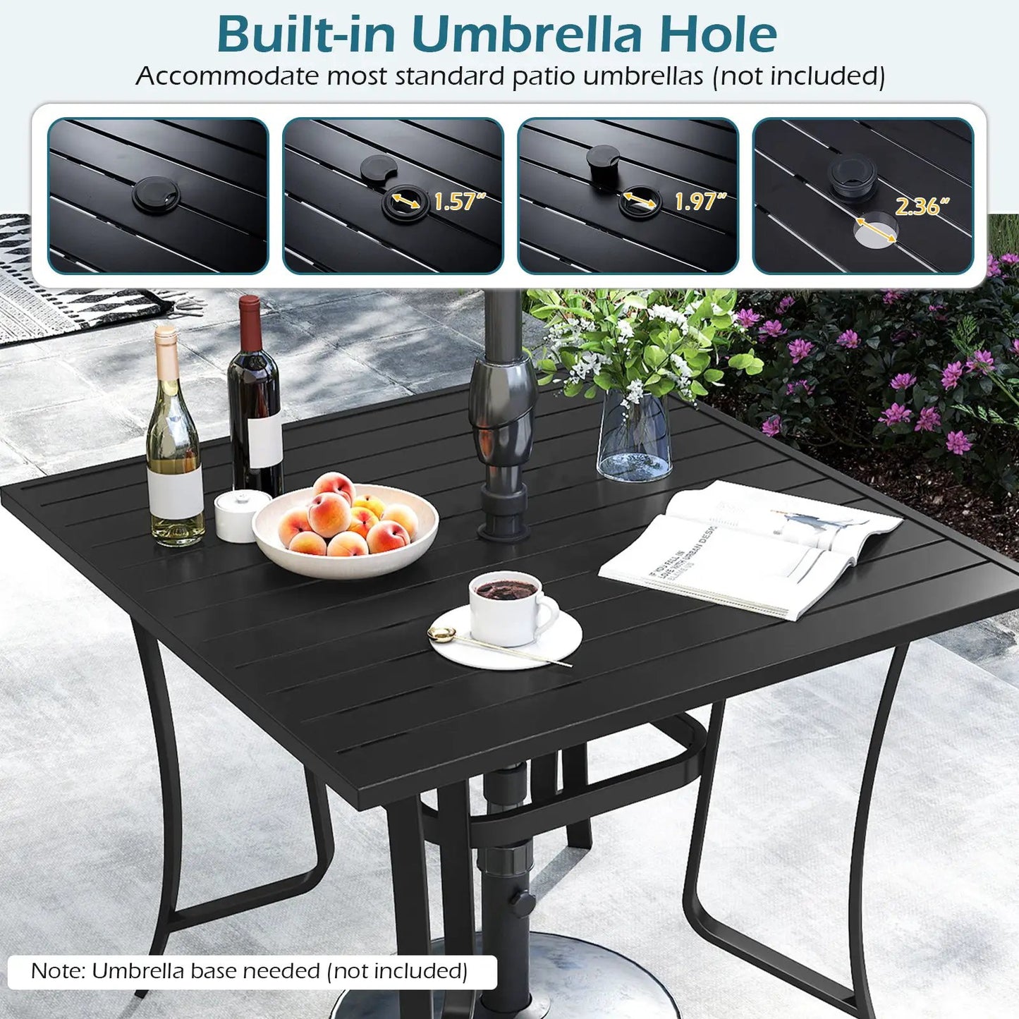 36in Square Patio Table with Umbrella Hole Black