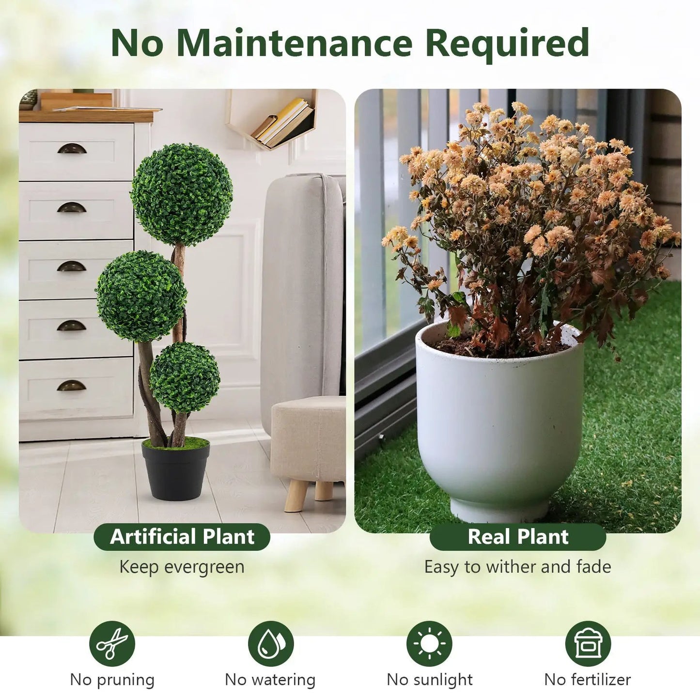 36 Inch Tall Boxwood Topiary Tree in Pot artificial plant with two green globe shrubs indoors on Tampa Home & Garden Store