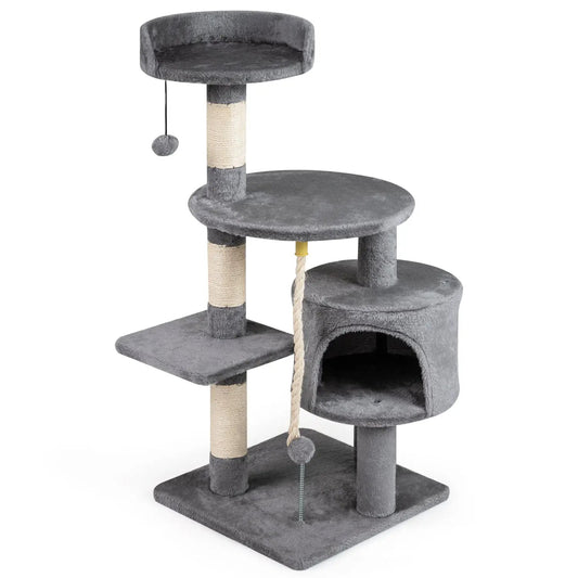 36 Inch Kitten Tower with Condo and Plush Perch gray cat tree with sisal posts and hanging toy on Tampa Home & Garden Store