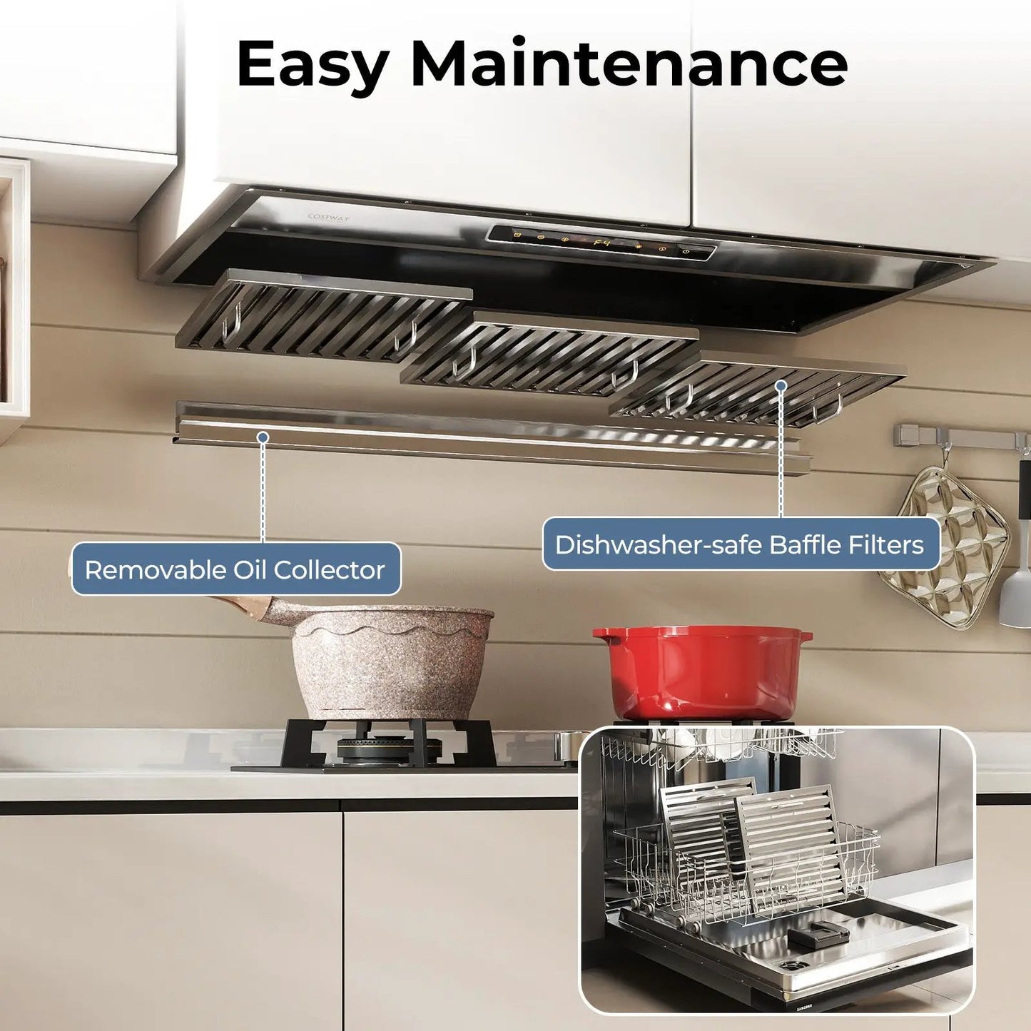 36 Inch Under Cabinet Range Hood with 4 Speeds Costway dishwasher-safe baffle filters on Tampa Home & Garden Store
