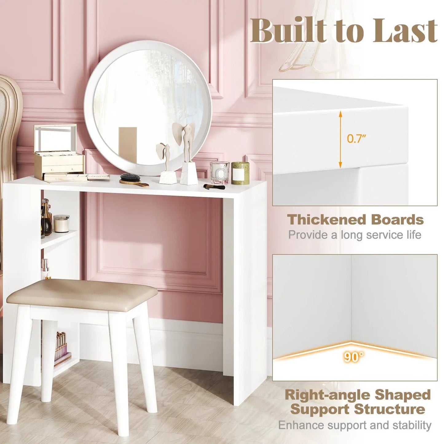 36-inch white computer desk with three open shelves and thickened boards in a pink room on Tampa Home & Garden Store
