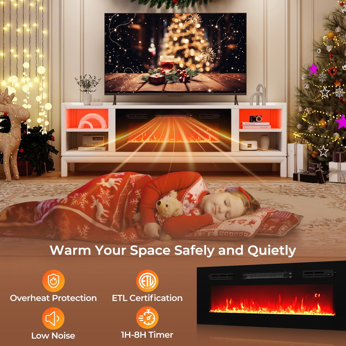 Calefactor de chimenea eléctrica empotrado de 36 pulgadas con luces de tira LED y control remoto