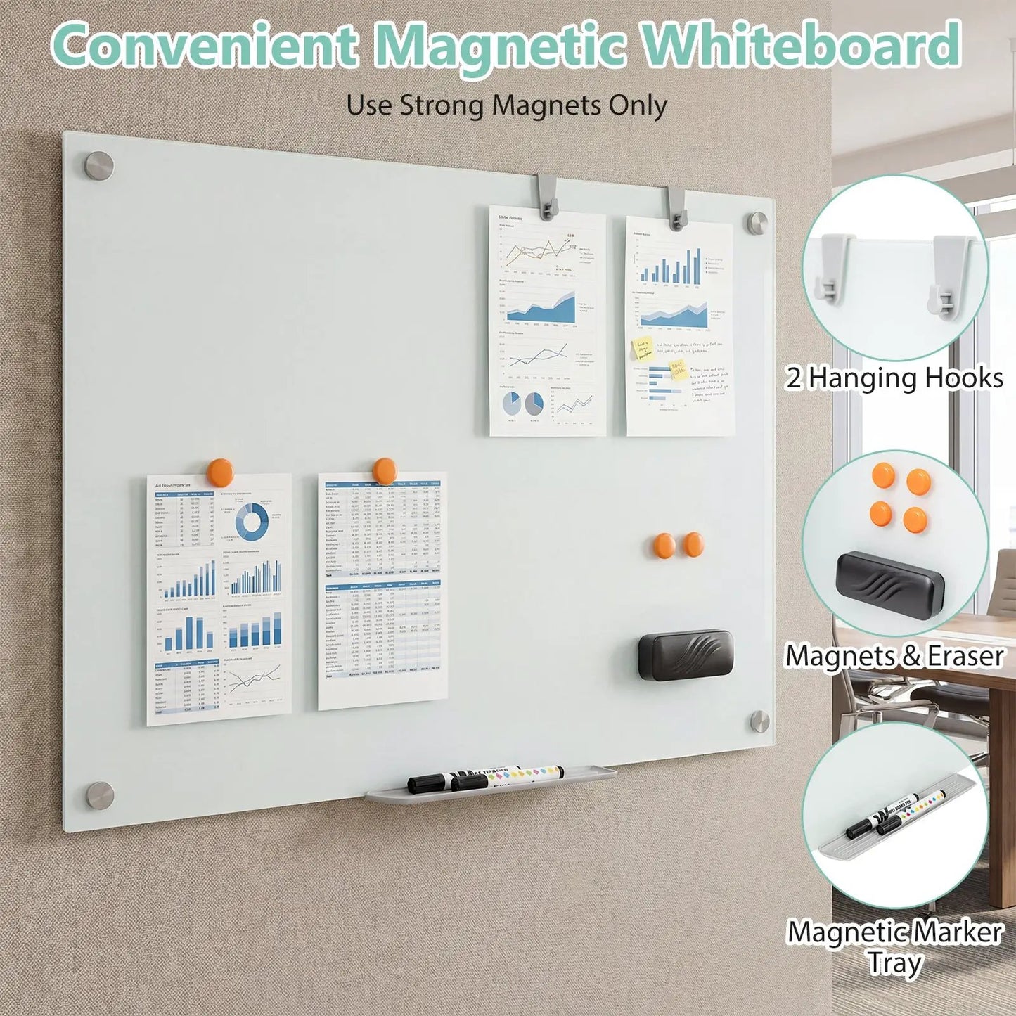 Glass Whiteboard 36 x 24 with eraser and removable tray, mounted on wall with orange magnets on Tampa Home & Garden Store
