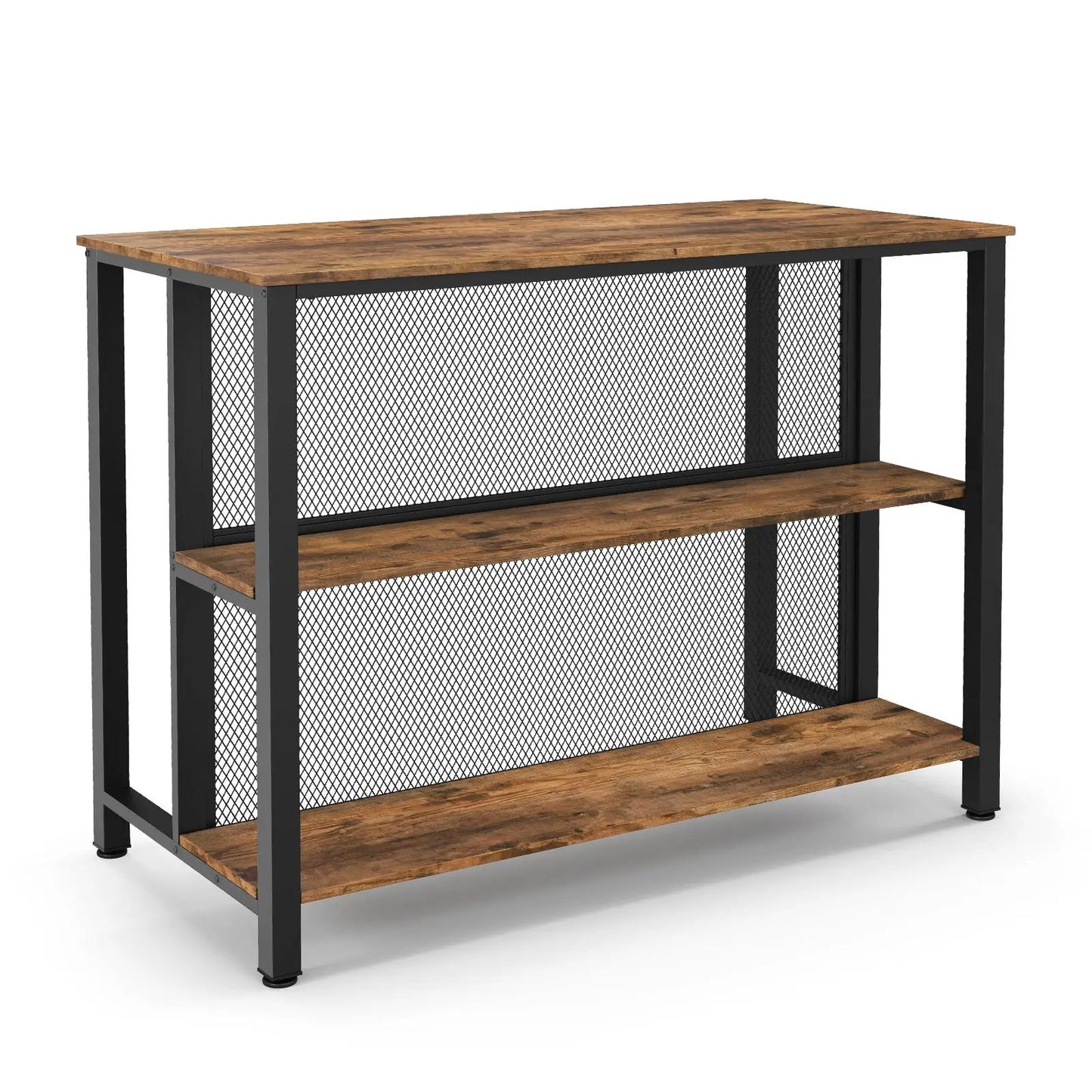 36-inch 3-tier bar table with storage, wood shelves, black metal frame with wire mesh panels on sides on Tampa Home & Garden Store