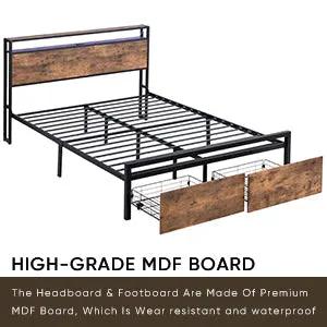 Queen bed frame with storage headboard, black metal platform, wood panels, under-bed storage on Tampa Home & Garden Store