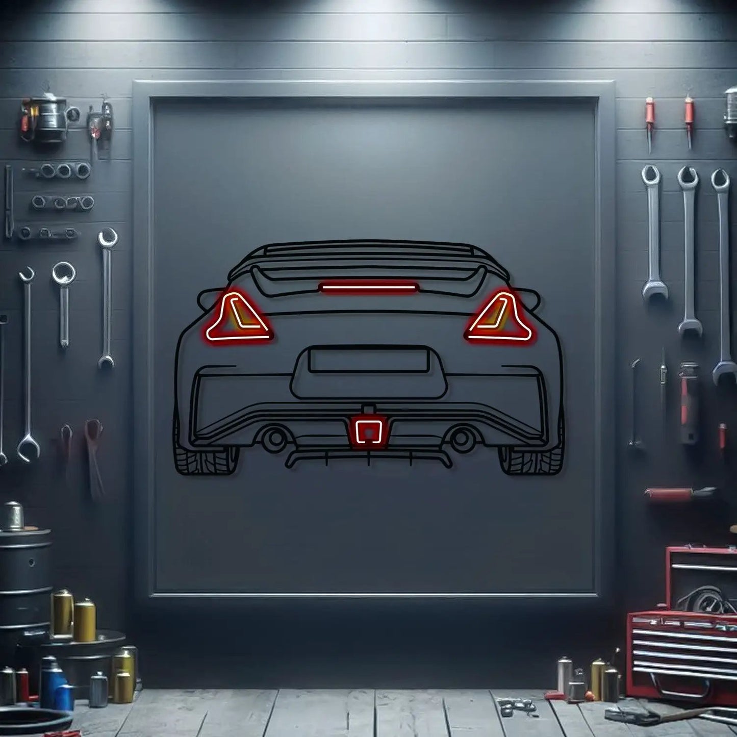 370Z Back View Metal Neon Car Wall Art by Modello Turbo with red neon tail lights on wall on Tampa Home & Garden Store