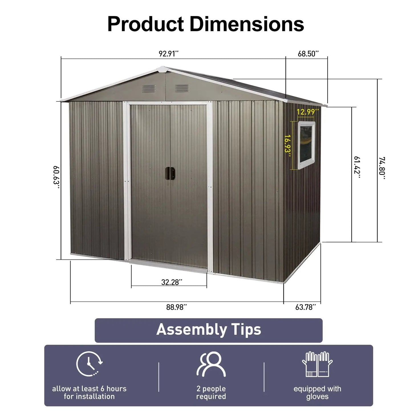 8ft x 6ft grey outdoor metal storage shed with double doors and a window on Tampa Home & Garden Store