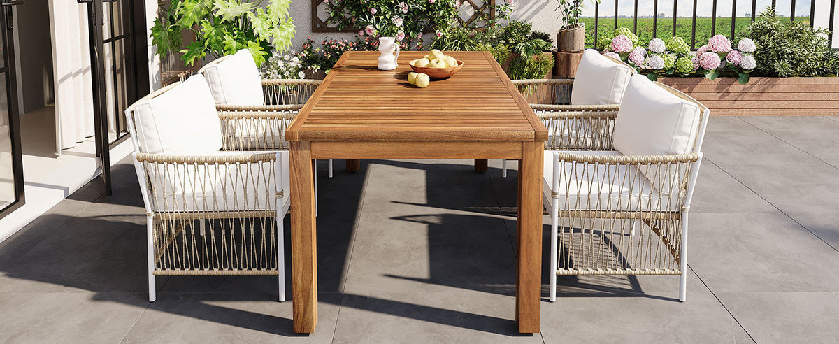 TOPMAX Patio 5pc wooden dining set with a slatted teak table and four white cushioned chairs on Tampa Home & Garden Store
