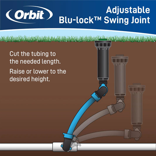 Orbit Blu-Lock Swing Joint 1/2 in irrigation connector, adjustable cross-section illustration on Tampa Home & Garden Store