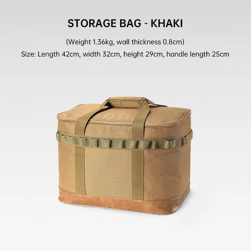 Outdoor camping storage box khaki fabric with carry handles and utensil loop bands on Tampa Home & Garden Store