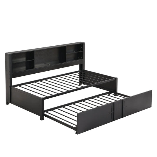 Black metal twin-size daybed frame with headboard cubbies and under-bed storage drawers on Tampa Home & Garden Store