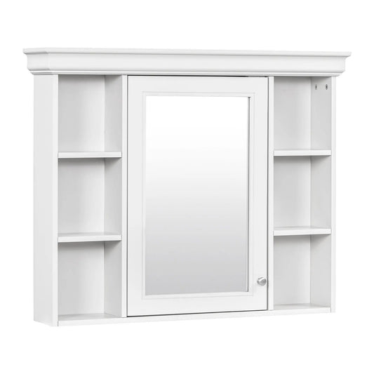 Wall-mounted medicine cabinet with mirrored door, white finish and open side shelves on Tampa Home & Garden Store