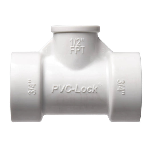 PVC-Lock reducing tee 3/4 in to 1/2 in FPT, white plastic pipe fitting on Tampa Home & Garden Store
